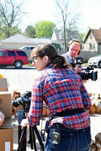 Filming at a food pantry in Moline IL for Poor Kids. March 2012.